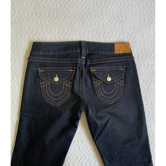 VTG Y2K True Religion Denim Bell Bottom Flare dark wash Jeans Sz 32 Leather Tag - Picture 1 of 5